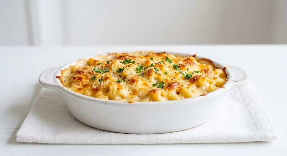 A baked mac and cheese casserole, golden and bubbling, topped with parsley